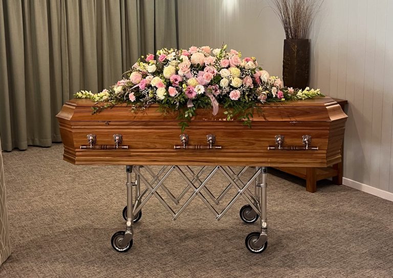 Coffin & Flowers in the refurbished Heritage Brothers Burleigh Heads Chapel